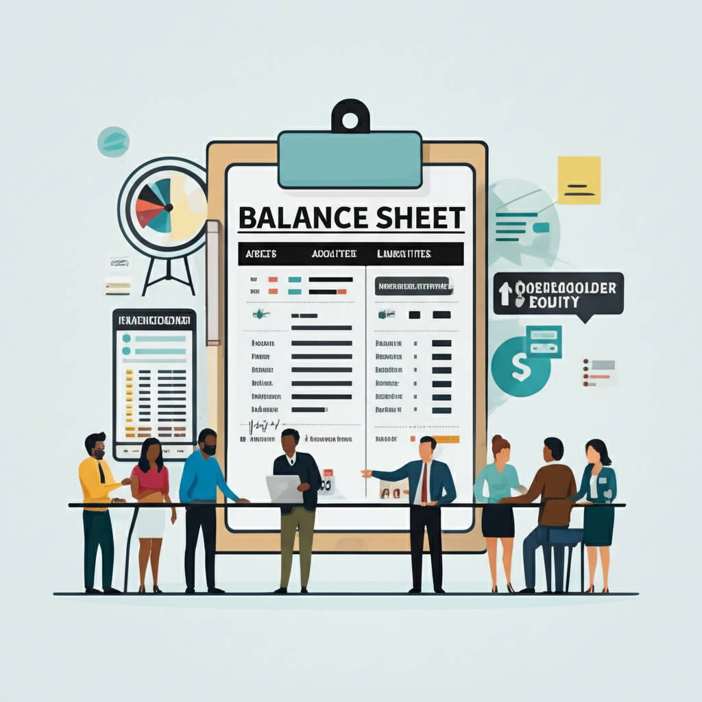 An illustration of a balance sheet as a financial health check report like a snapshot showing assets liabilities and shareholder equity a diverse group of people including investors small business owners and professionals are learning to read it for smart decisions