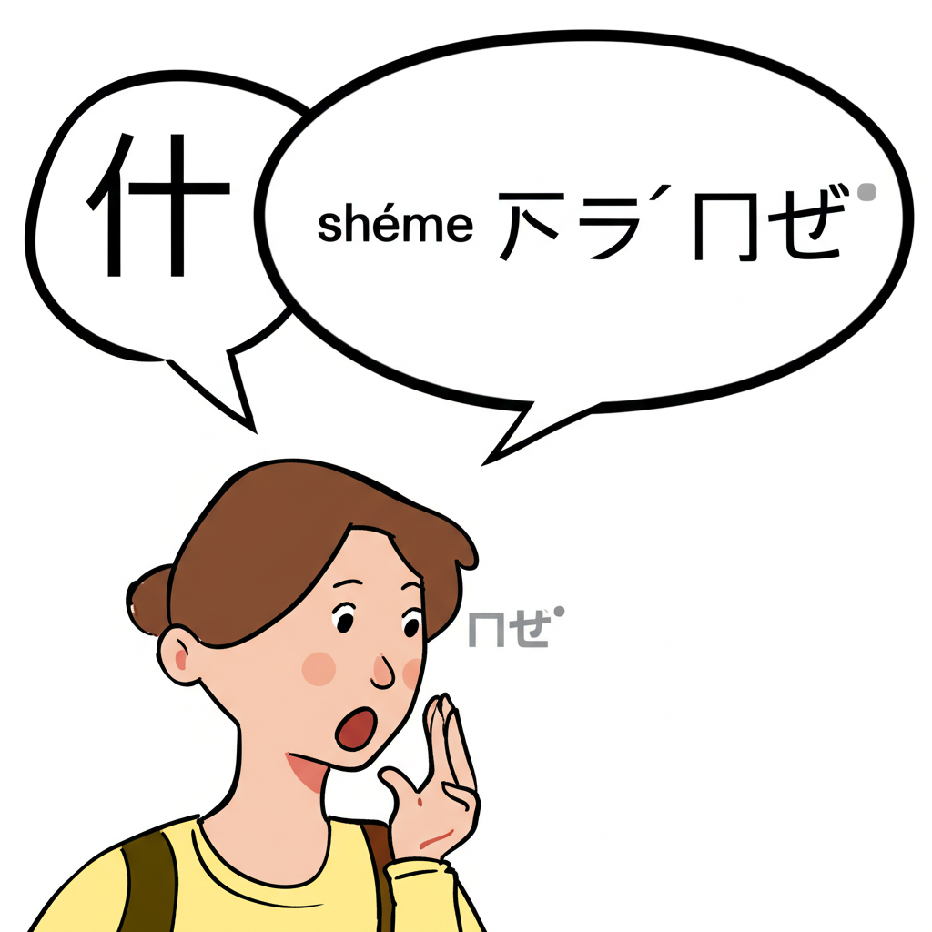人物發音「什麼」的插圖,伴隨語音泡泡顯示拼音與注音,強調輕聲與對話場景