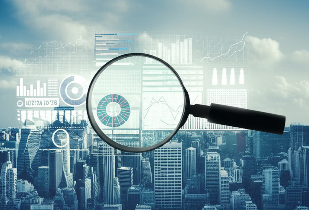 An illustration of a bustling city skyline with various data charts and graphs floating around a large magnifying glass symbolizing economic indicators as a health check report for the nation