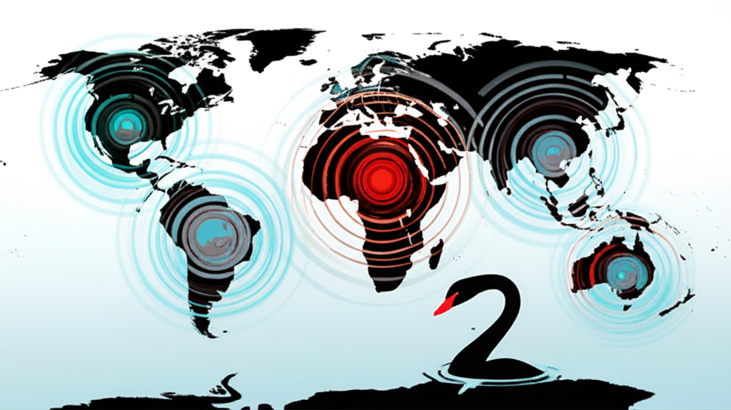 世界地圖上意外事件如漣漪影響城市經濟,黑天鵝圖像在背景隱現