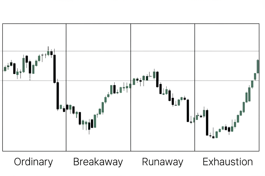 四種價格缺口型態:普通、突破、持續、竭盡的金融圖表