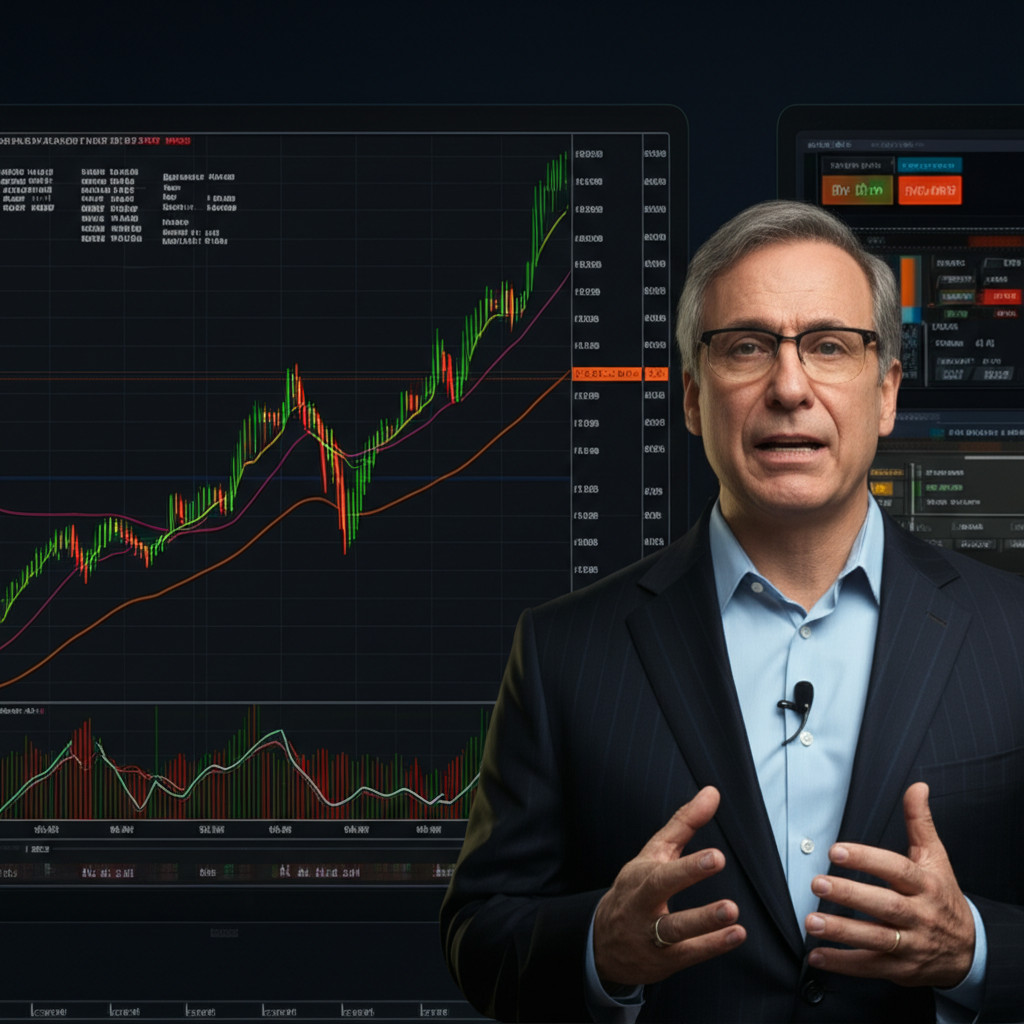 布林通道圖表說明,約翰·布林格在旁解釋概念,顯示現代交易介面中的 BBands、BOLL line 和 BBTrend