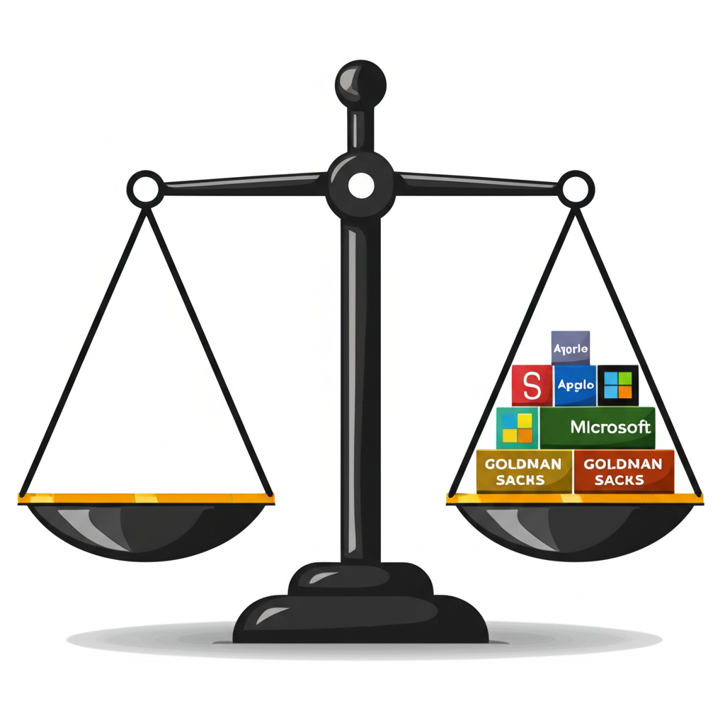 平衡秤上不同大小方塊代表道瓊指數成分股,展示價格加權方法的插圖