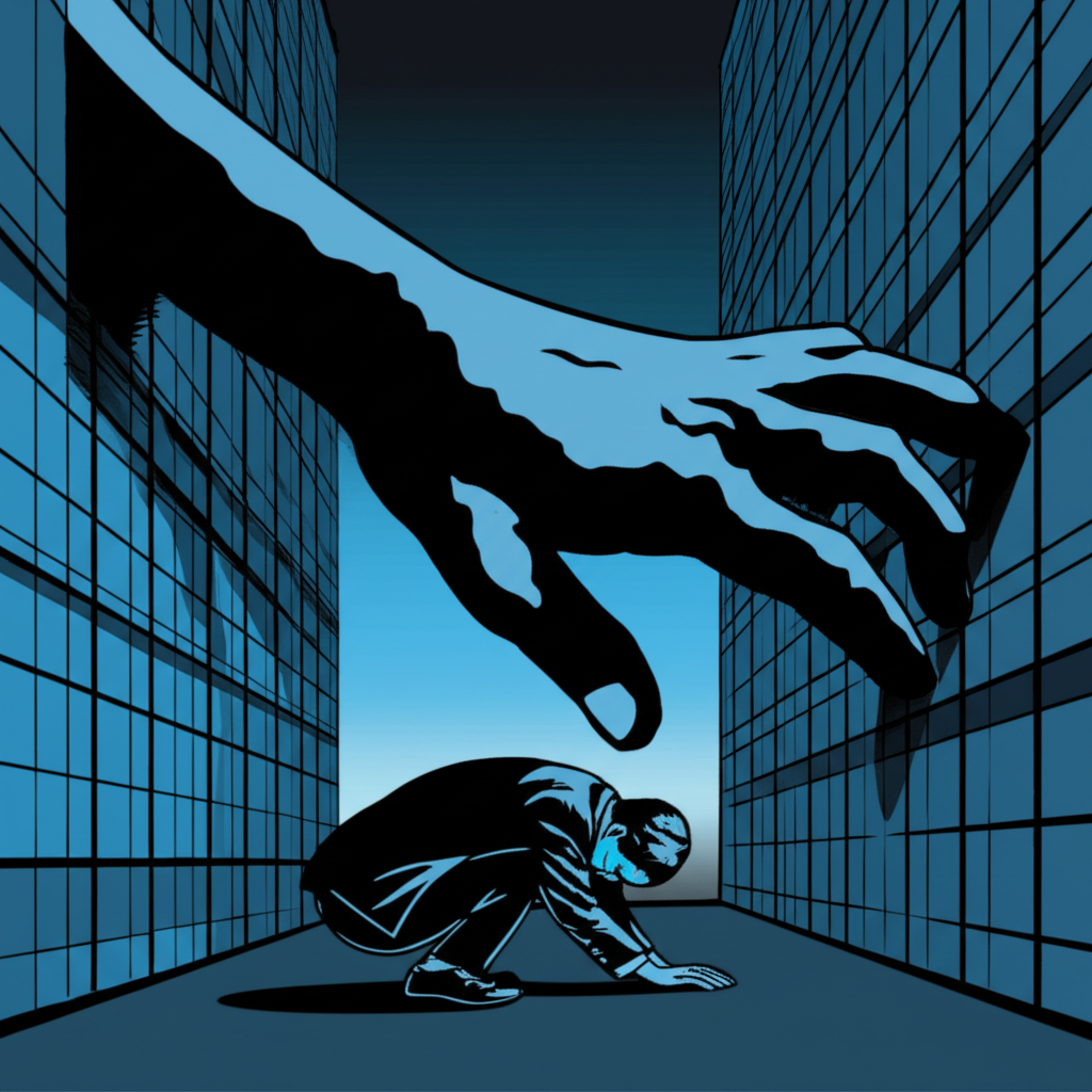 A person under immense pressure from an oversized shadowy hand symbolizing unjust power and oppression