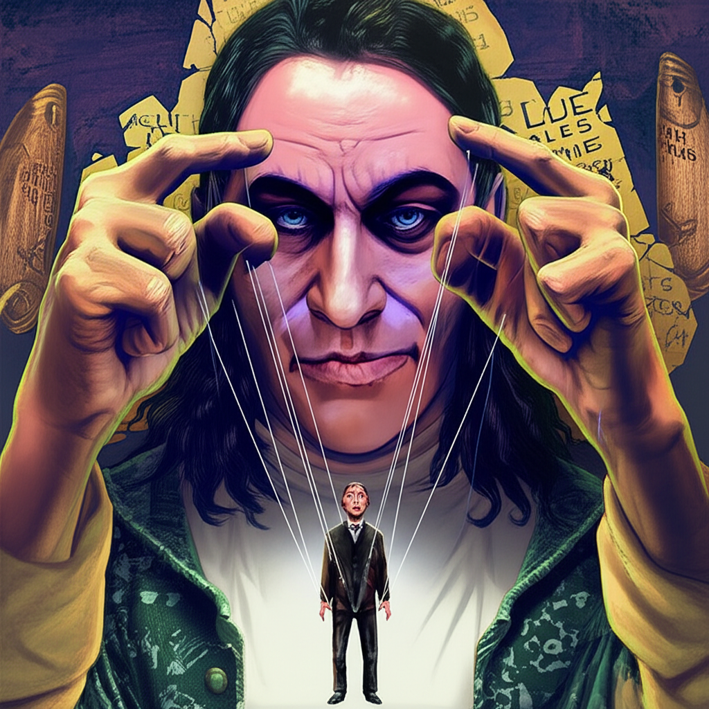 A person in authority manipulating strings on a smaller figure amid broken rules