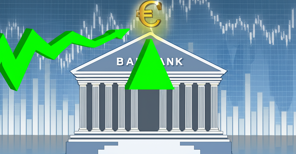 An illustration of a central bank building with an arrow pointing up at a currency symbol representing increased value surrounded by economic graphs