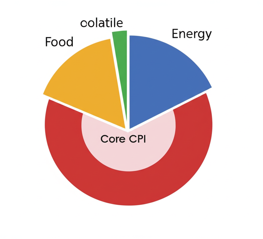 CPI與核心CPI比較圖示：餅圖顯示剔除食物與能源波動部分後，揭示更穩定的基礎通膨