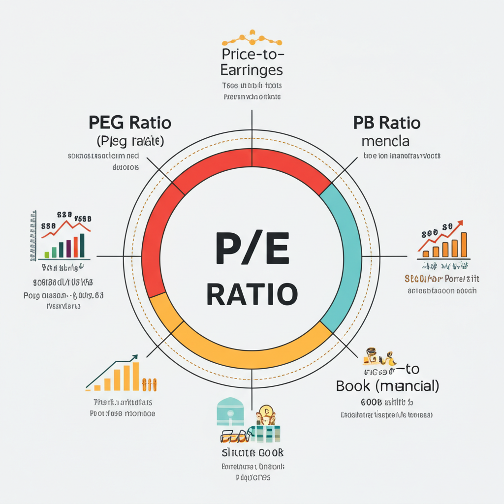 本益比綜合指南,周圍環繞PEG和PB等財務指標的插圖
