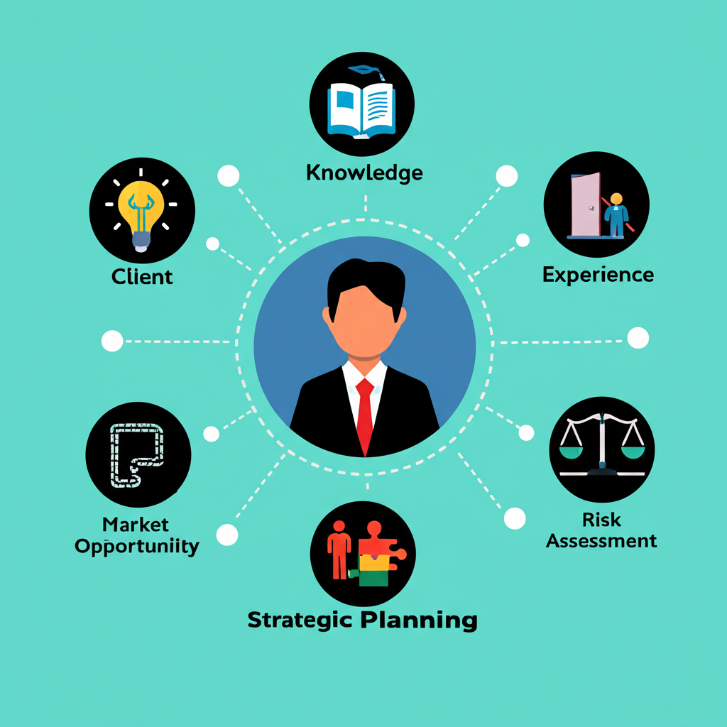 經紀人作為核心人物,周圍環繞知識、經驗與網絡,連結客戶至市場機會