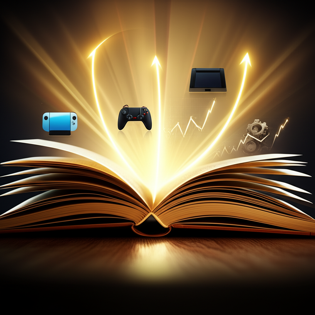 光芒從打開的書本灑出,指引通往遊戲主機、股票圖表、齒輪與公事包等專業領域的路徑插圖