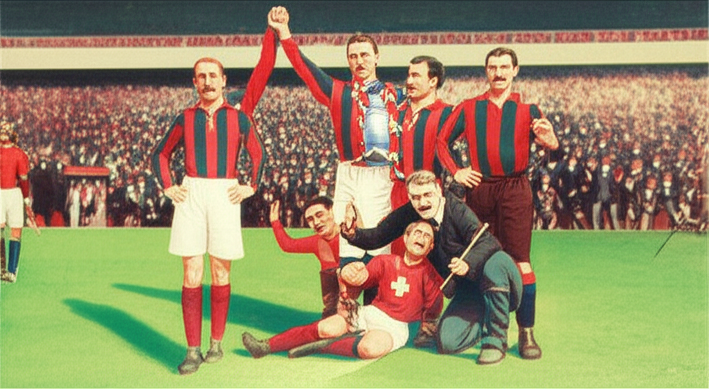 1900年代早期巴塞隆納復古足球比賽插圖,展示來自瑞士、英國和加泰隆尼亞的球員慶祝首屆西甲冠軍