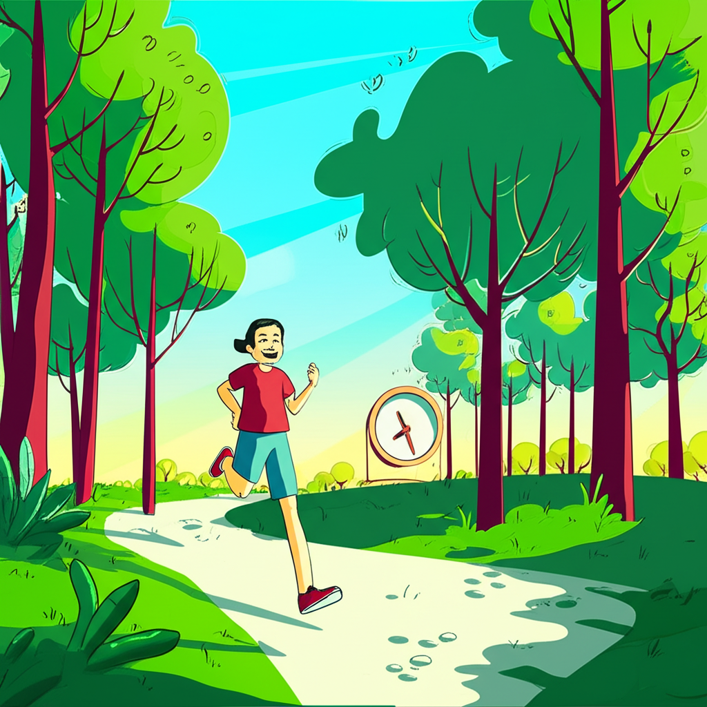 一位人在陽光灑落的公園中快樂慢跑,周圍綠樹環繞,象徵健康活力與時間管理