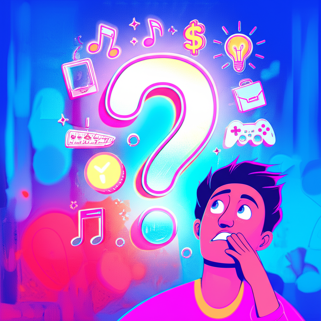 困惑的人注視著環繞遊戲、金融與商業符號的巨大問號插圖