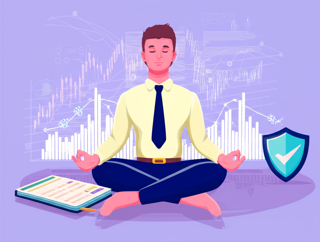 專注的交易者在混亂市場圖表中冥想,象徵紀律、耐心與情緒控制,旁邊有交易日誌和風險管理盾牌