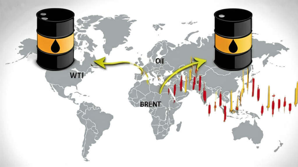 Two distinct oil barrels labeled WTI and Brent on a world map with diverging arrows showing price differences and a candlestick chart illustration