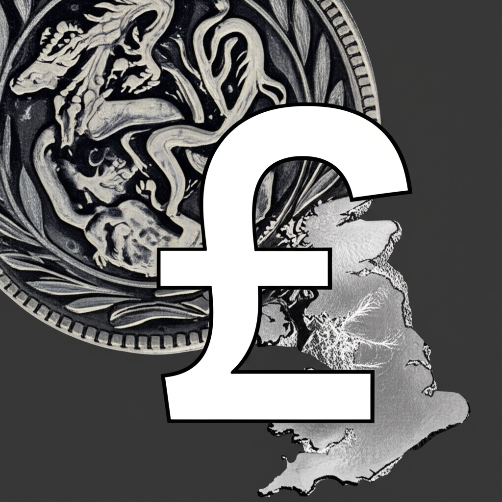 古銀幣轉變成現代英鎊硬幣的插圖,背景為英國及其屬地地圖與英鎊符號