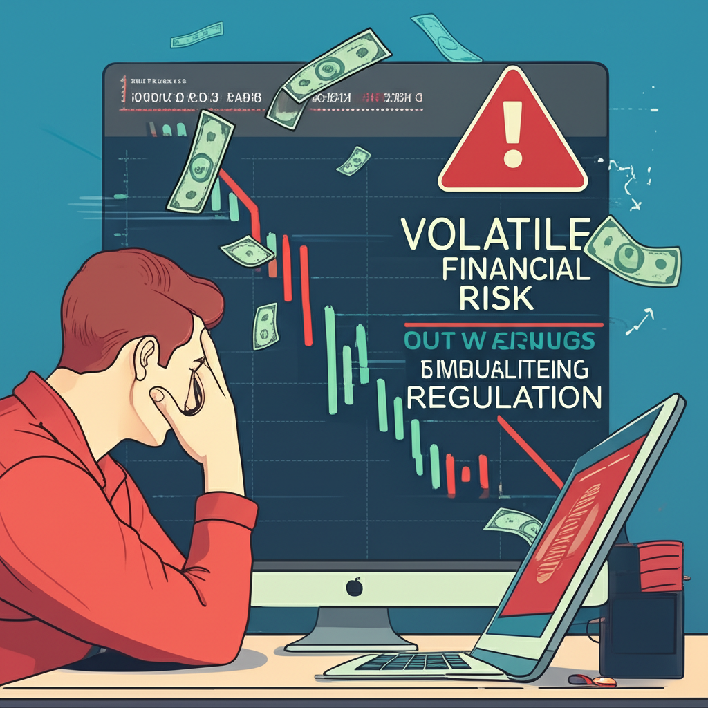 投資人面對波動股價圖表的壓力場景,伴隨資金流失警示與風險標誌