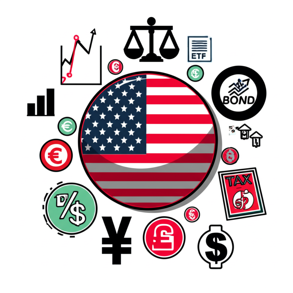 An illustration of a globe with US flag elements and different types of dividend growth high yield and bond ETFs represented by diverse financial symbols with currency exchange symbols tax implications illustration