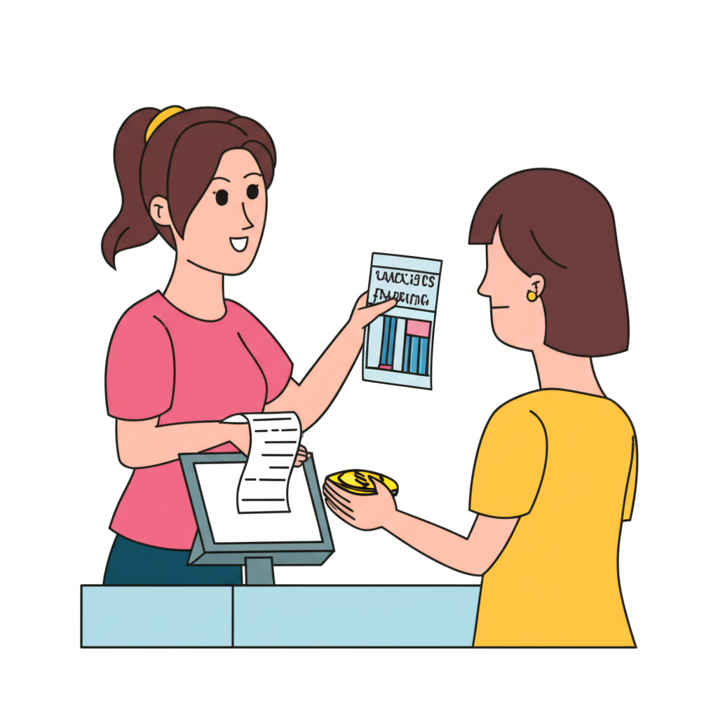 快樂顧客在商店櫃檯收到價格差異退款的插圖,展示收據和比較廣告以建立消費者信心