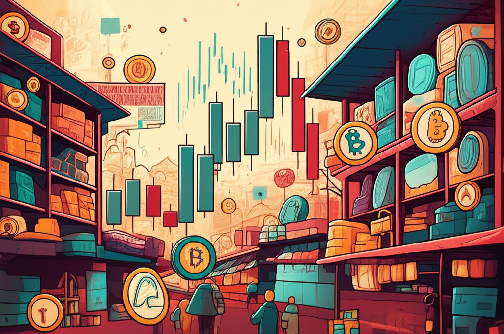 An illustration of a vibrant market scene with various financial assets like stocks and crypto represented abstractly and a large candlestick chart clearly showing market emotions with long bodies and shadows illustration style