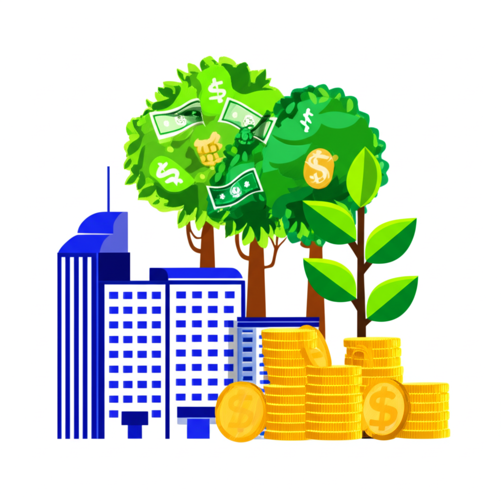 象徵未來經濟效益和財富增長的各種資源插圖,如金錢樹、金幣、建築物和生長植物