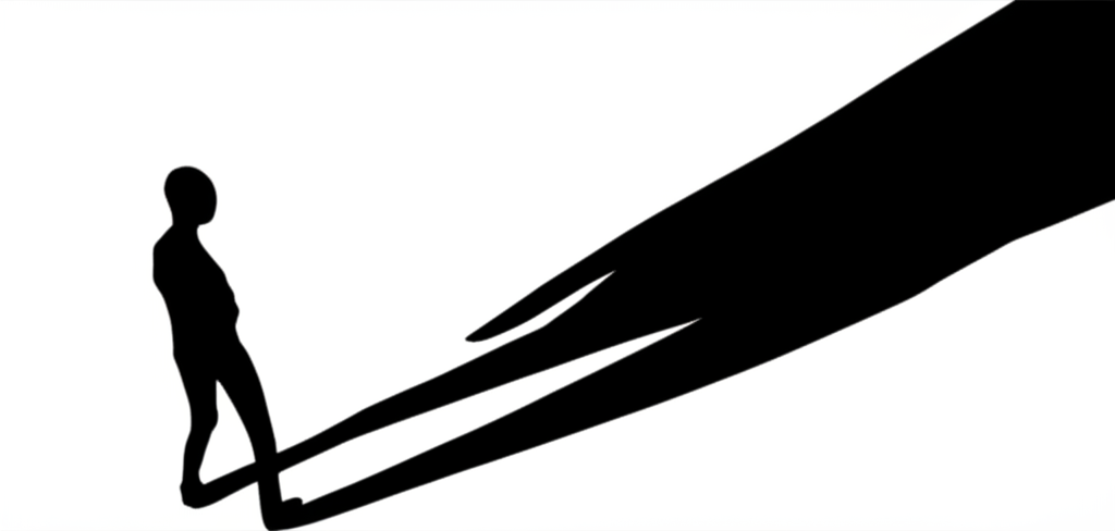 Abstract figures showing power imbalance with a larger figure casting a shadow over the smaller one