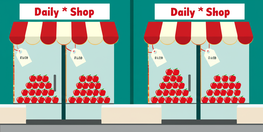 兩家商店售賣相同蘋果但價格不同的插圖,代表日常生活中的價格差異概念