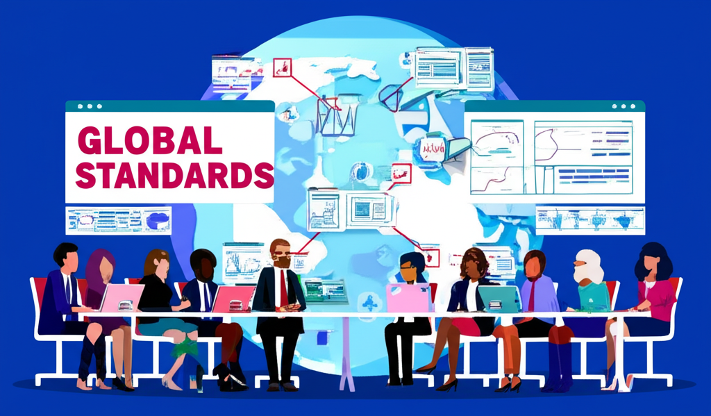 國際金融監管者合作會議插圖,象徵制定全球標準與跨境協作