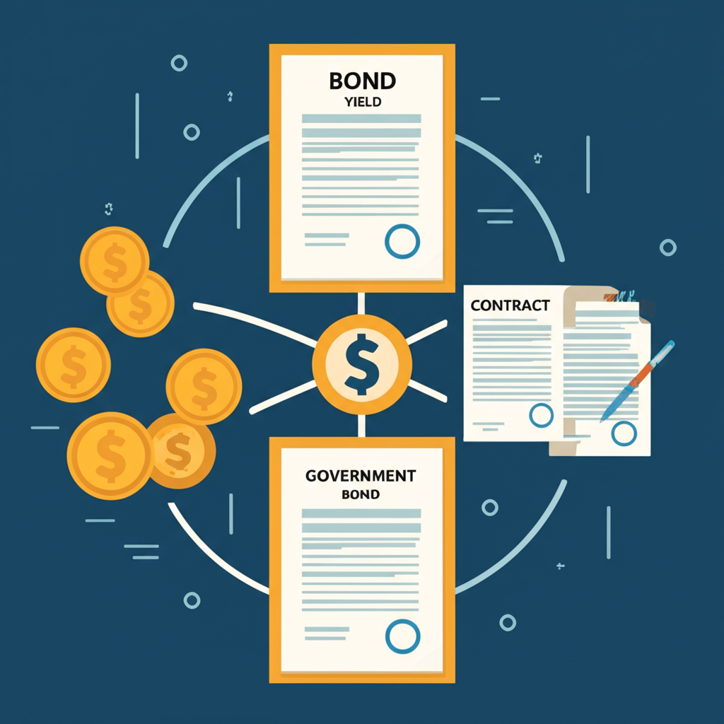 債券、公債與殖利率三者互聯的圖示,包含貨幣符號與合約文件展現基本關係