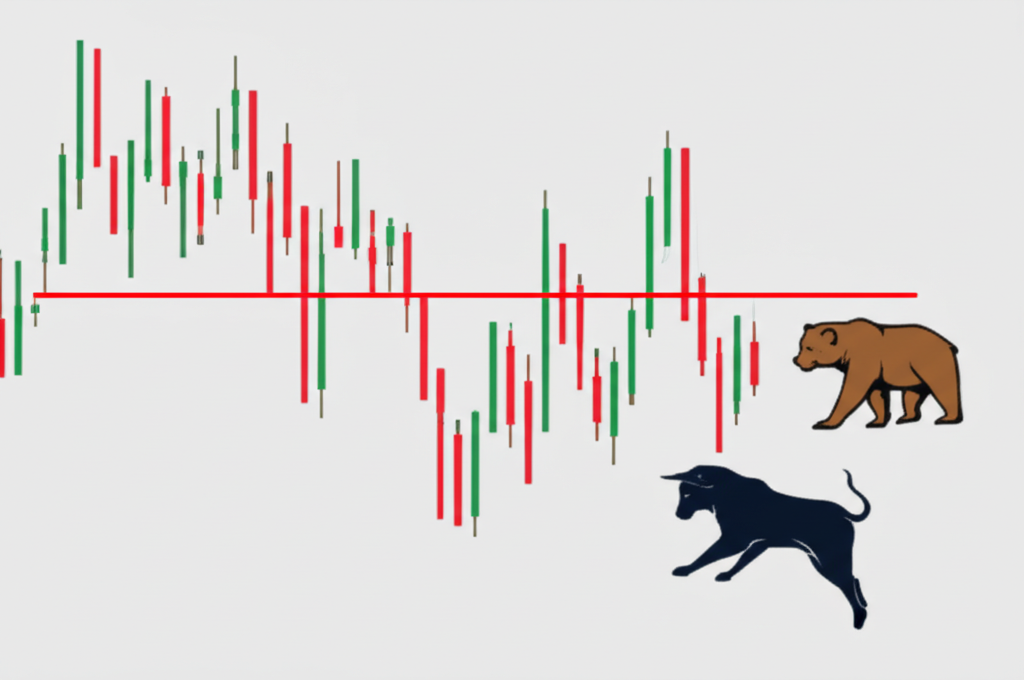 股票圖表顯示水平支撐線,價格下跌觸及後反彈的圖示,包含牛熊市場元素