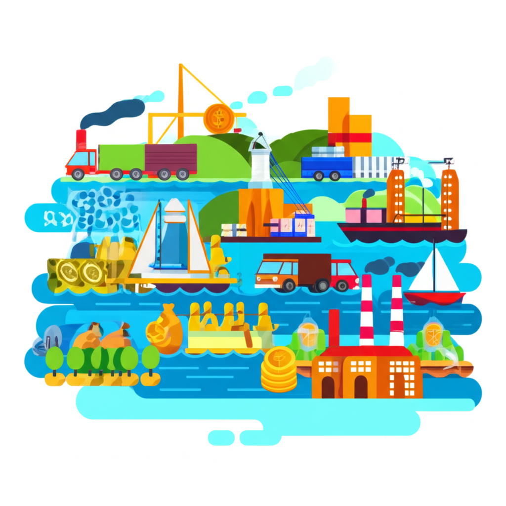 An illustration of a country's economic activity with goods and services being produced and exchanged symbolizing wealth creation and overall economic health