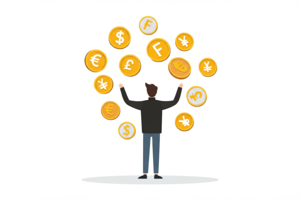 一個人自信管理各種外幣,代表旅行、留學和線上購物的財務成長與全球連結
