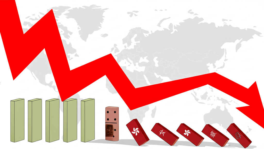An illustration of a large downward arrow representing the US stock market impacting smaller global markets like Taiwan and Hong Kong shown as dominoes falling with a world map in the background global economic connections
