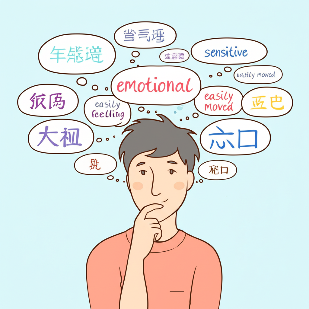 插圖展示一個人思考複雜詞彙emotional，周圍有思想泡泡呈現不同意義如感性、情緒化、易動情，融入中文字符和英文文字，象徵語言學習與細微探索，使用柔和粉彩調性