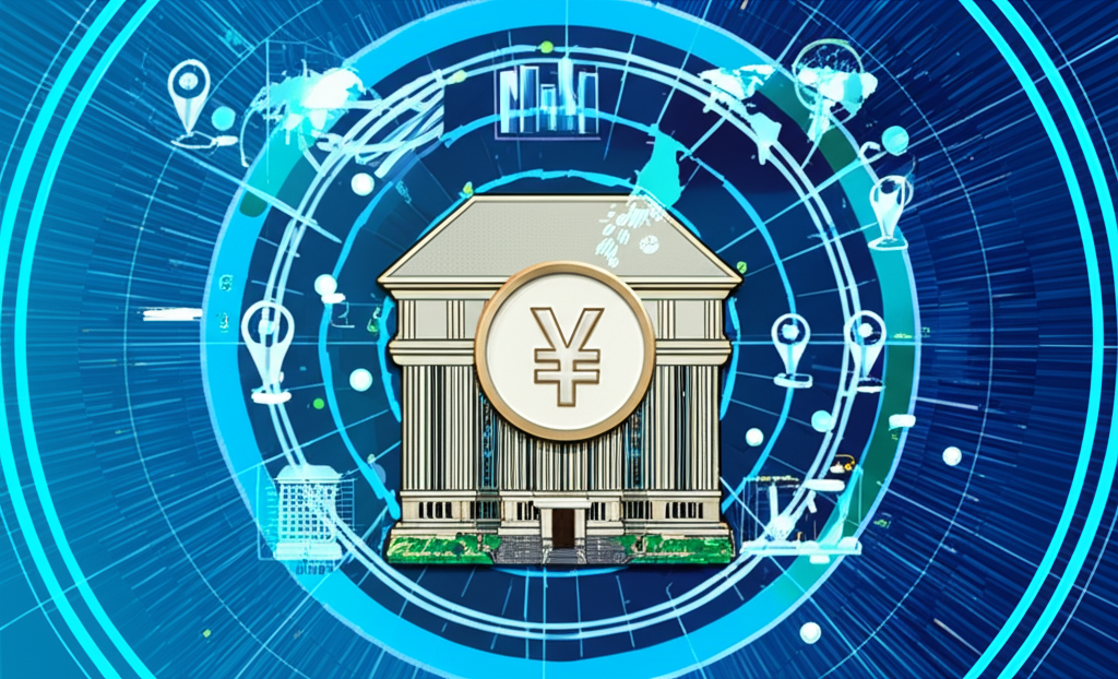 複雜互聯因素如央行建築、利率圖表和世界地圖影響中央日幣硬幣的插圖