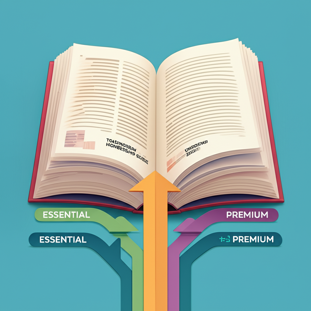 TradingView 會員指南書籍插圖,展示 Essential、Plus 和 Premium 三條路徑