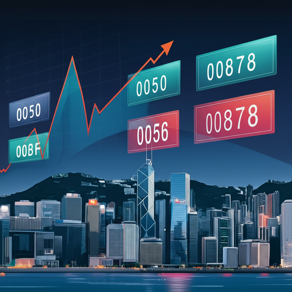 An illustration of various stock market charts and digital displays with ETF codes like 0050 0056 00878 in Taiwan and a skyline of Hong Kong representing high dividend ETFs ranking financial data illustration