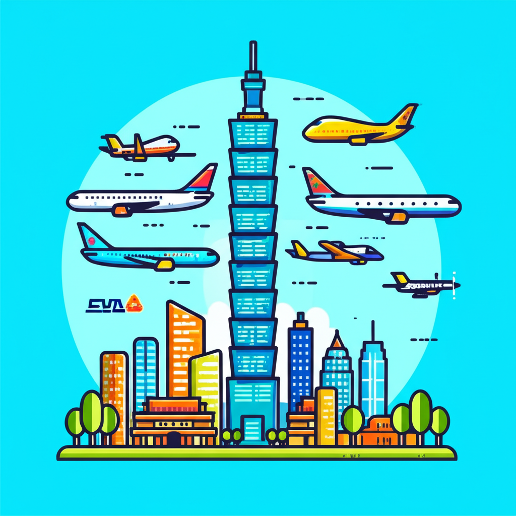 An illustration of Taiwan's iconic landmarks like Taipei 101 with passenger and cargo planes flying in the sky representing major airlines such as China Airlines and EVA Air illustration style