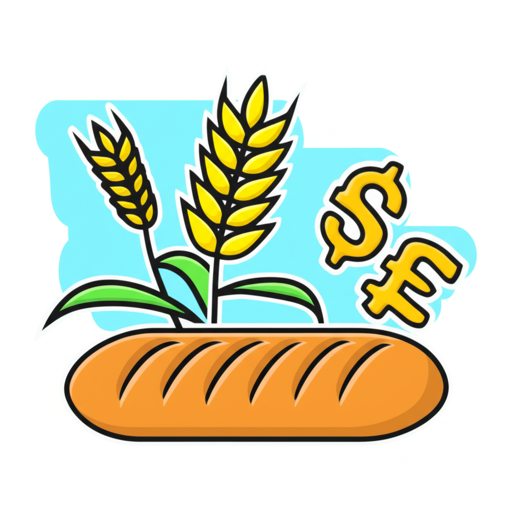 An illustration depicting a production chain from raw materials to a final product like bread with currency symbols indicating market value at the end consumer stage
