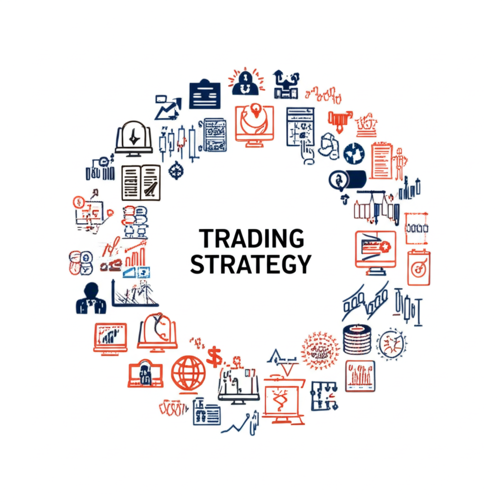 多樣交易策略圖標環繞市場圖表,代表不同方法與市場條件