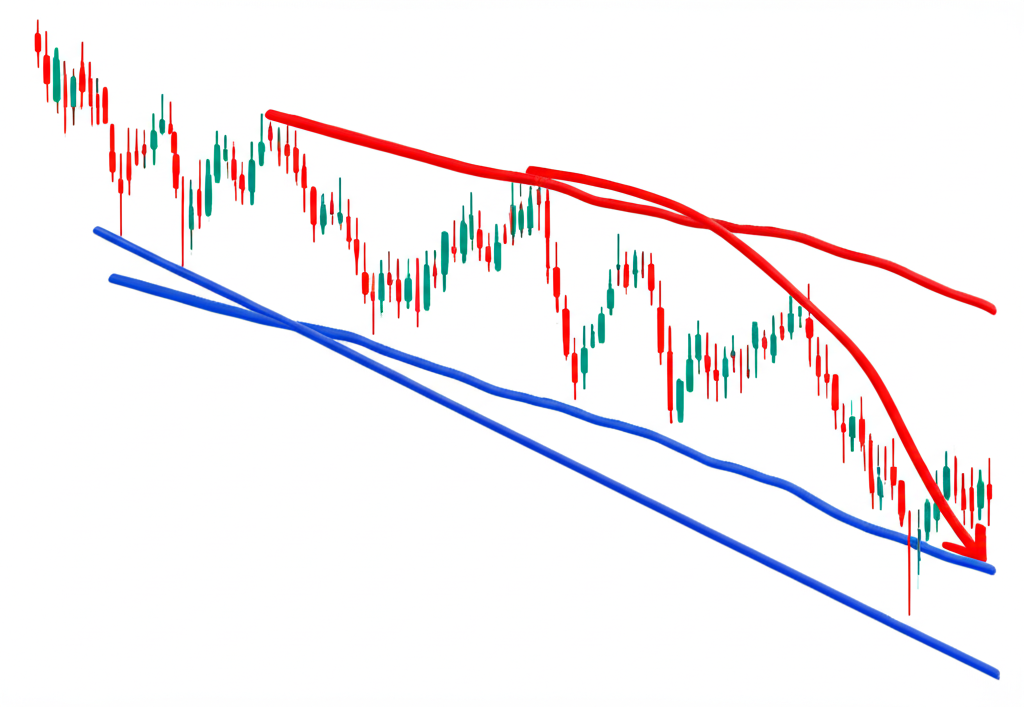 市場圖表插圖,紅色50日移動平均線急劇向下穿越藍色200日線,強烈賣出訊號