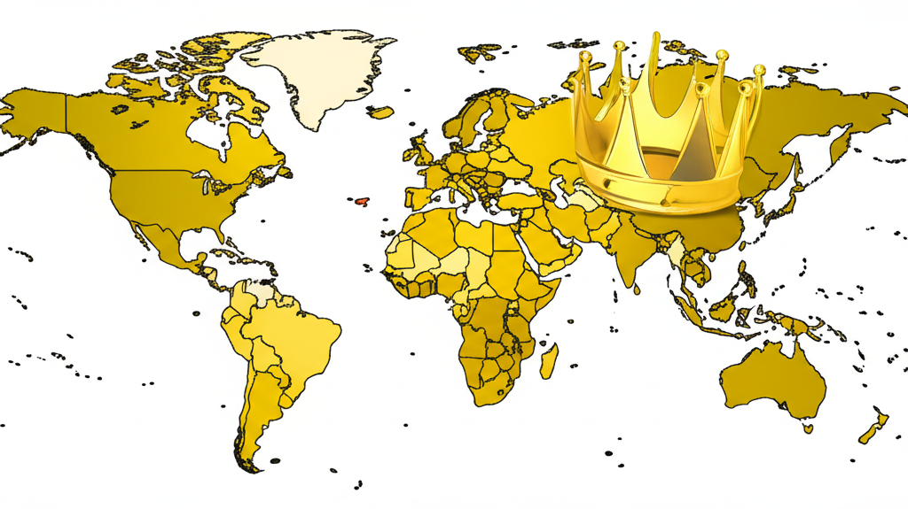 世界地圖以金色陰影標示各國黃金儲備量,巨型金冠象徵領先國家