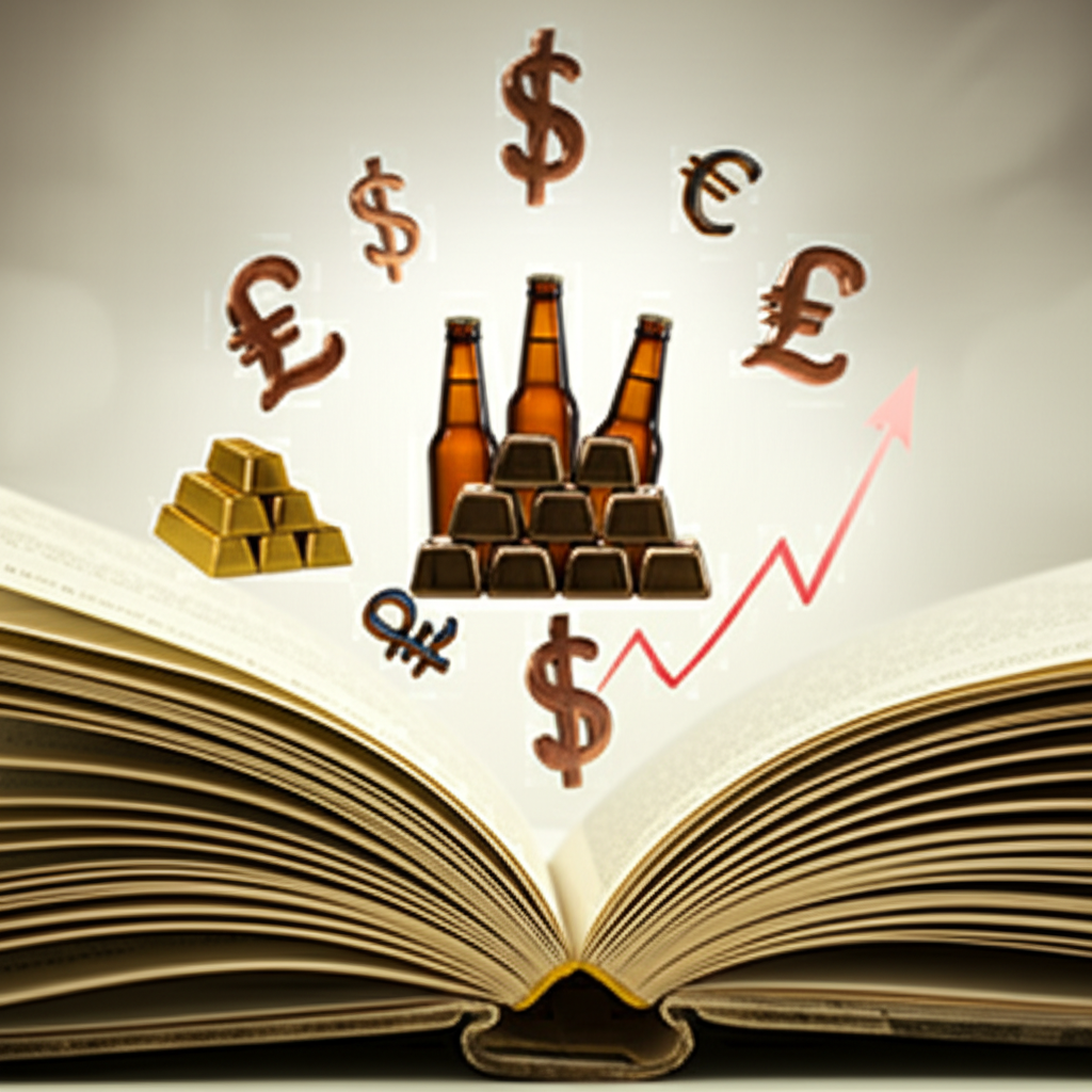 一本打開的書,從中浮現貨幣符號、股票圖表、金條和啤酒瓶等圖像,代表「一手」多重含義的全面指南