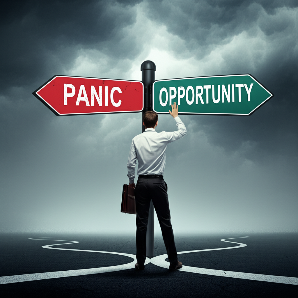 投資者在風暴中的股市十字路口,箭頭指向恐慌與機會的插圖