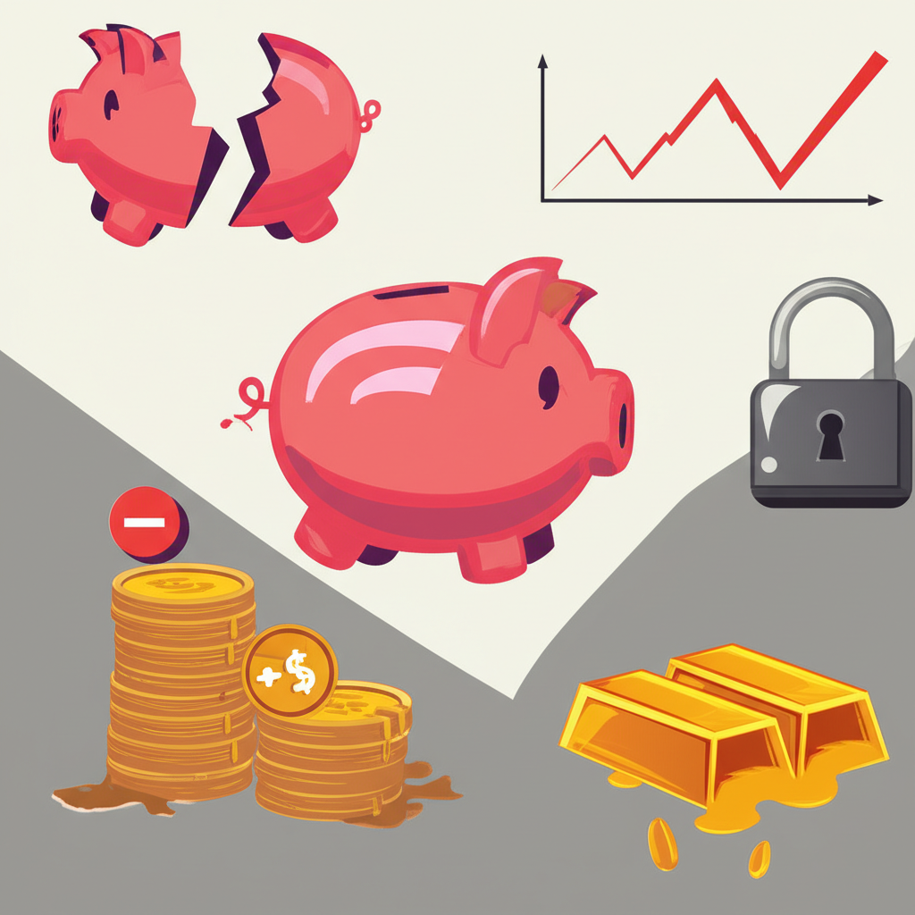 黃金投資挑戰圖示,包含無收入豬仔銀行、儲存風險鎖與價格波動線