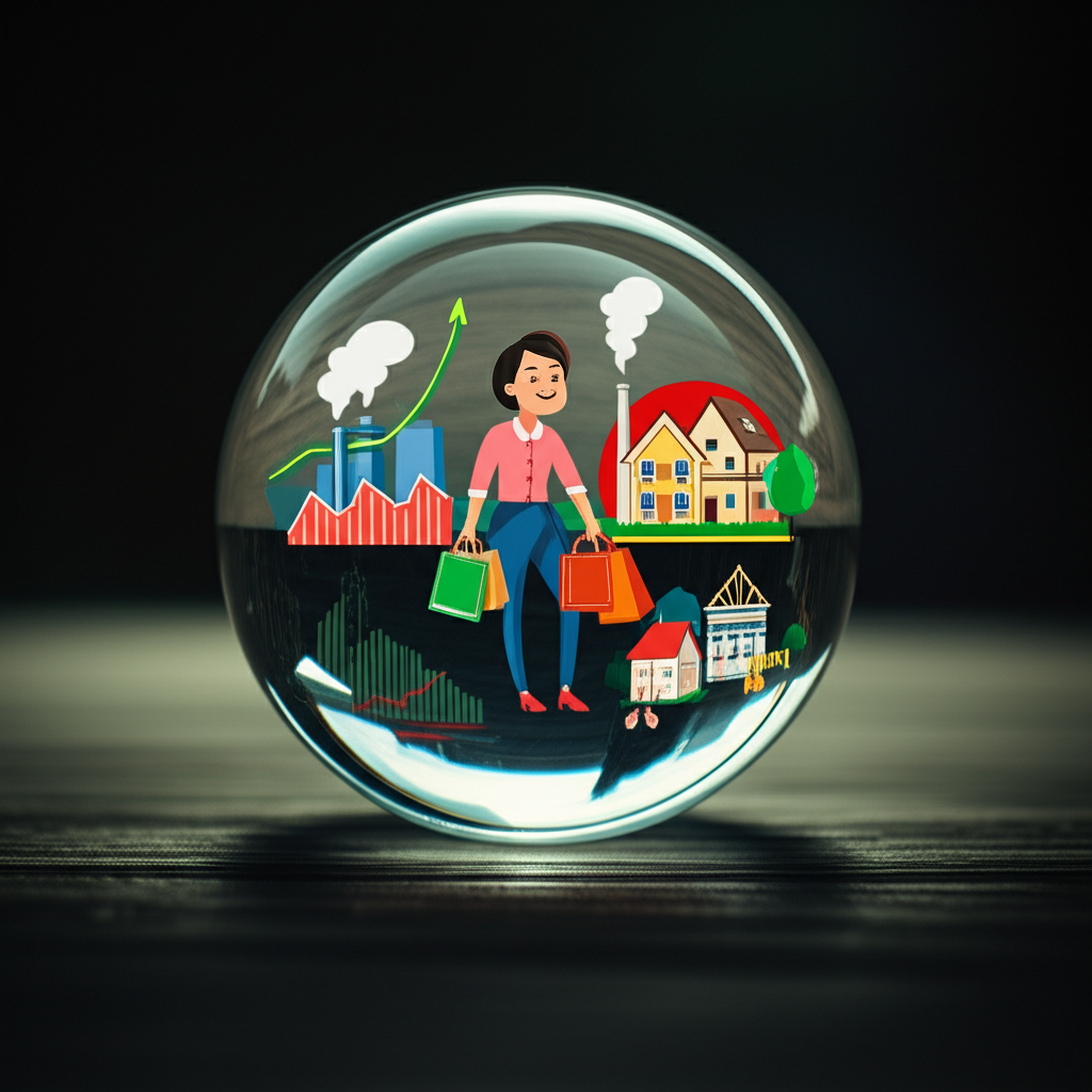 An illustration of a crystal ball showing future economic growth or contraction with symbols of stock market charts a happy consumer a factory with high PMI and new house constructions