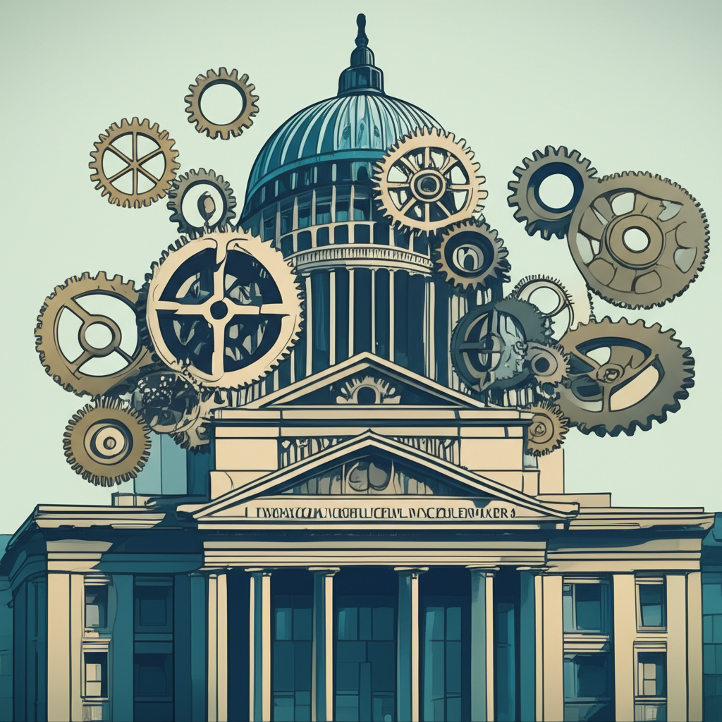 大型金融機構建築內部充滿齒輪與齒條,象徵上市、交易、結算與交收服務,以及全球資本市場