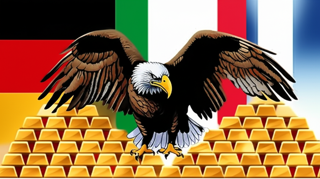 老鷹守護巨堆金條代表美國,背景有德國義大利法國國旗象徵其強大黃金策略