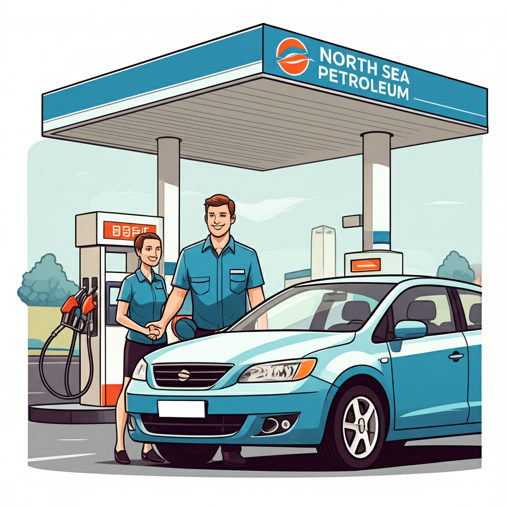 現代北海加油站插圖,友好服務員為客戶加油,專業可靠氛圍