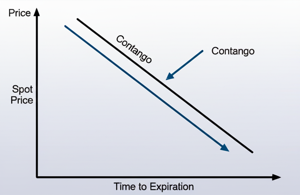 期貨曲線兩種不同形狀,一向上傾斜為正價差,一向下傾斜為逆價差,代表期貨與現貨價格關係的動態市場設定